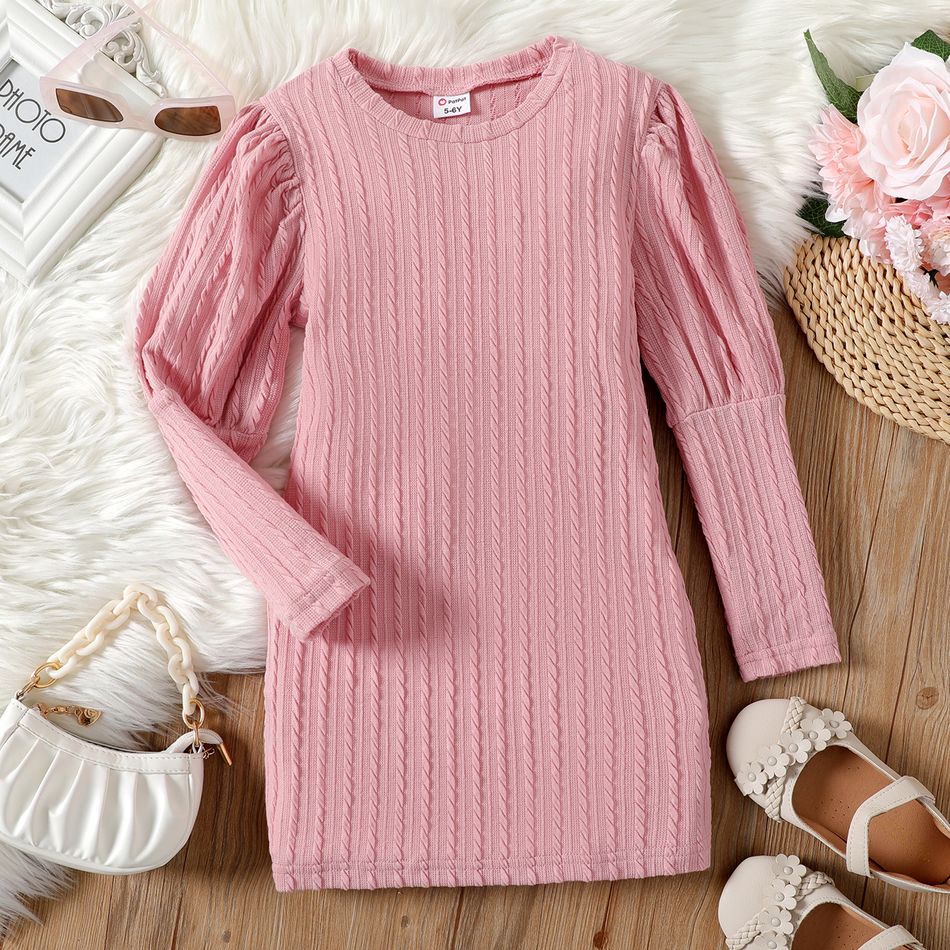 Kid Girl Solid Color Textured Long Puff-sleeve Dress Pink big image 1