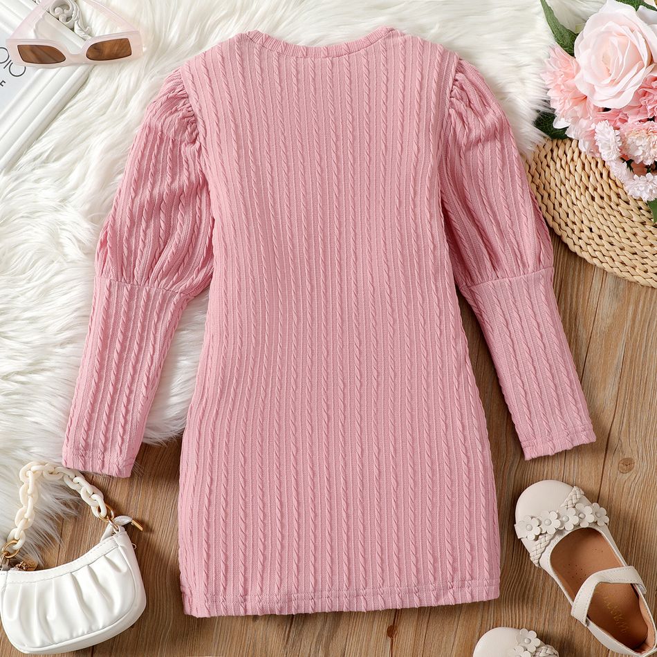 Kid Girl Solid Color Textured Long Puff-sleeve Dress Pink big image 7