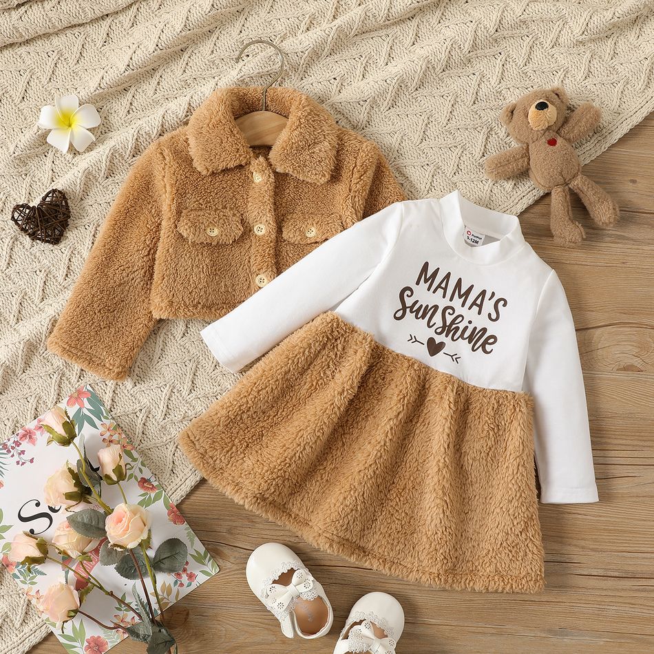 2pcs Baby Girl Thermal Fuzzy Jacket and Letter Print Long-sleeve Spliced Dress Set Brown big image 2