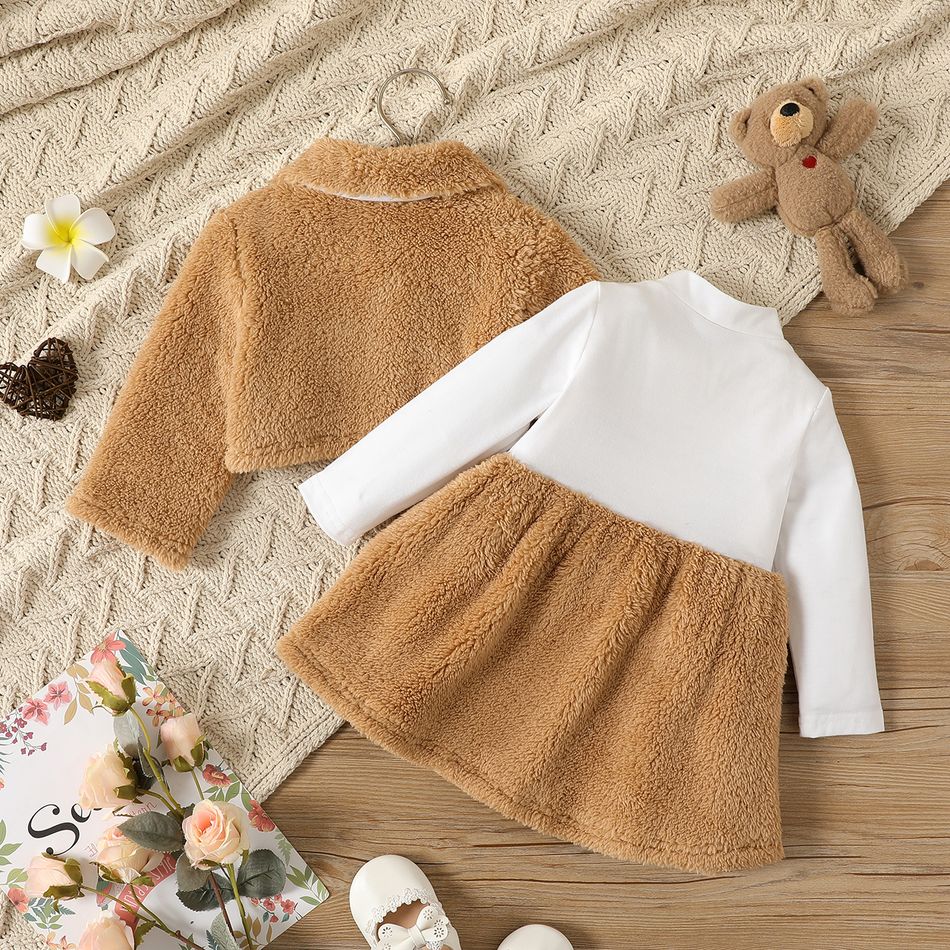 2pcs Baby Girl Thermal Fuzzy Jacket and Letter Print Long-sleeve Spliced Dress Set Brown big image 3