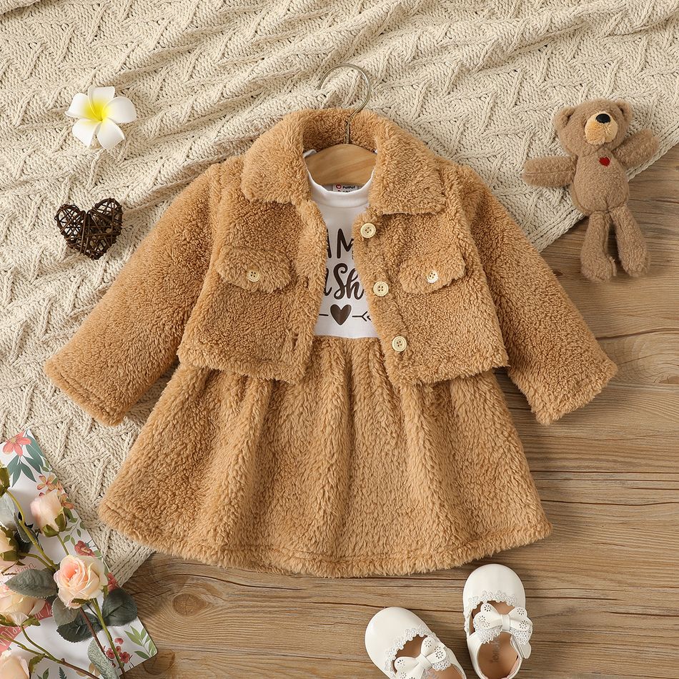 2pcs Baby Girl Thermal Fuzzy Jacket and Letter Print Long-sleeve Spliced Dress Set Brown big image 1