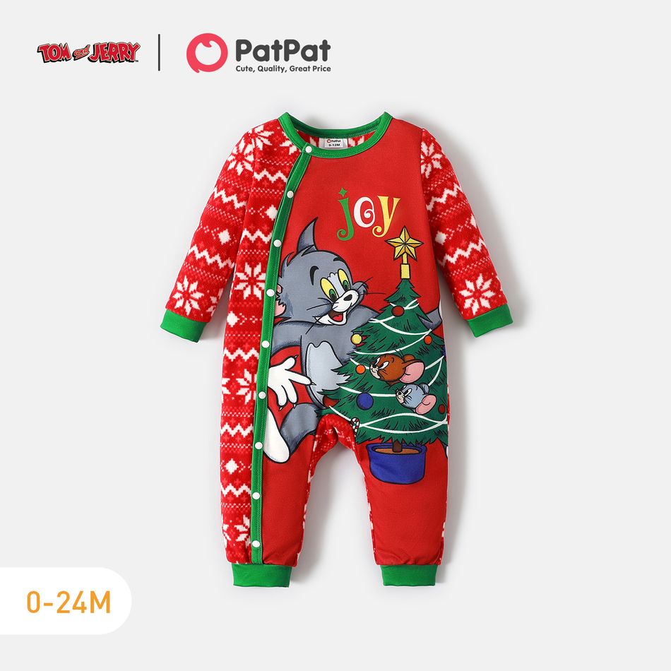 Tom and Jerry Baby Boy/Girl Christmas Tree & Animal Graphic Button Front Snowflake Print Long-sleeve Polar Fleece Jumpsuit Red-2 big image 1