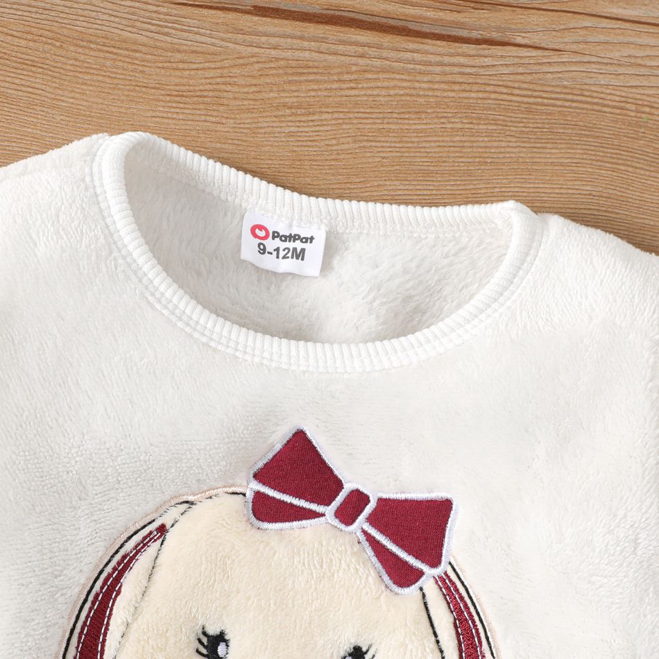 2pcs Baby Girl 95% Cotton Bell Bottom Pants and Dog Embroidered Long-sleeve Fuzzy Sweatshirt Set OffWhite big image 3