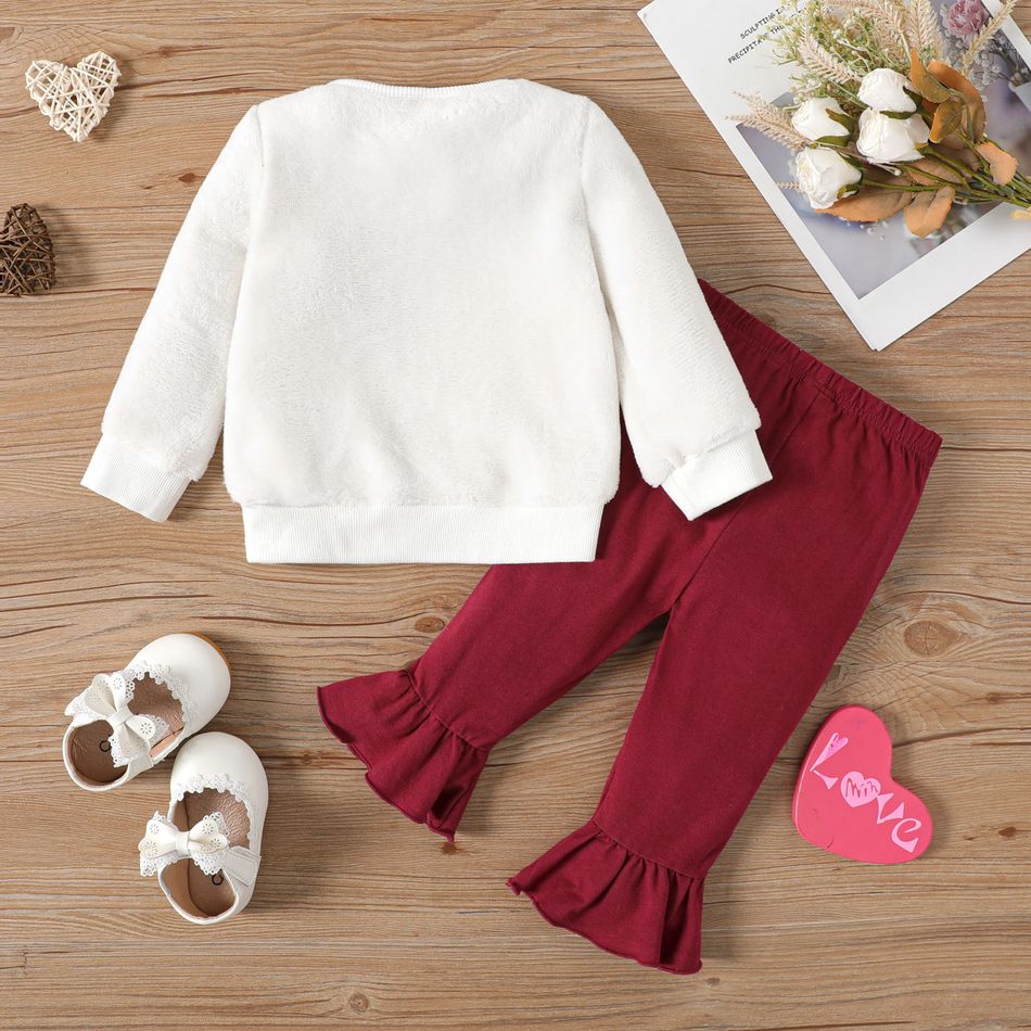 2pcs Baby Girl 95% Cotton Bell Bottom Pants and Dog Embroidered Long-sleeve Fuzzy Sweatshirt Set OffWhite big image 2