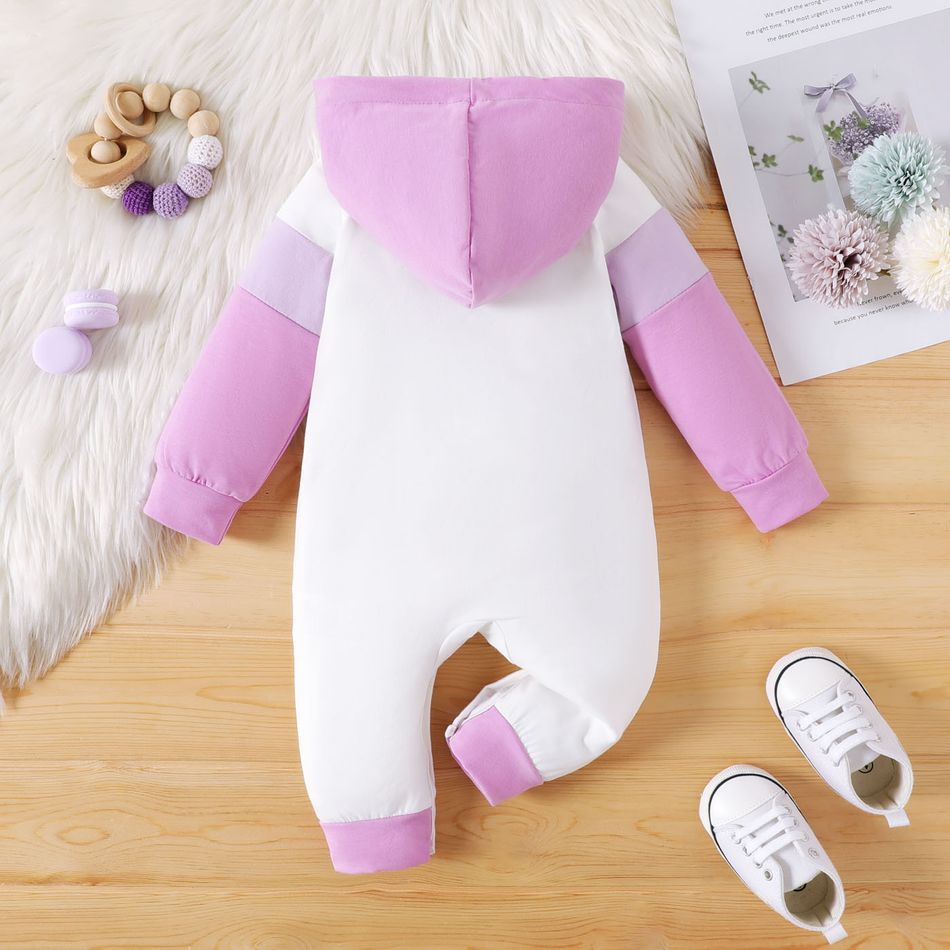 Baby Girl 95% Cotton Letter Print Colorblock Long-sleeve Hooded Jumpsuit Purple big image 2