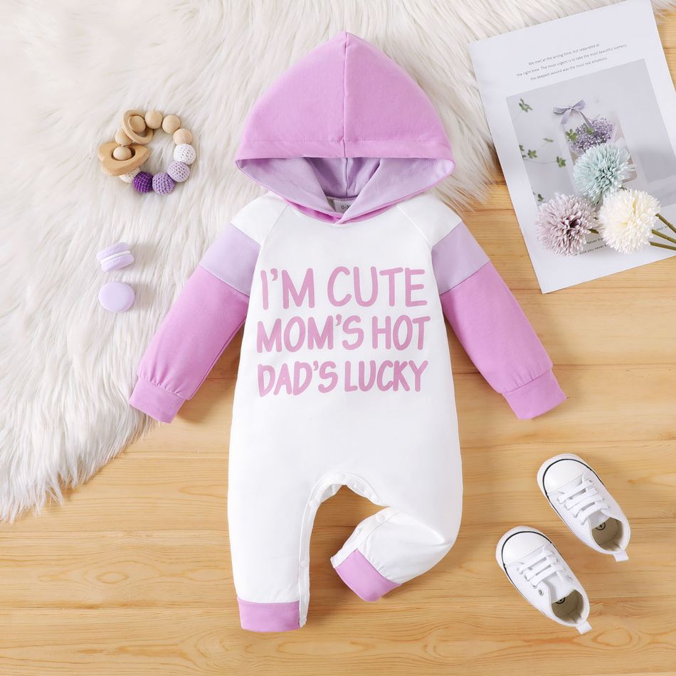 Baby Girl 95% Cotton Letter Print Colorblock Long-sleeve Hooded Jumpsuit Purple big image 1