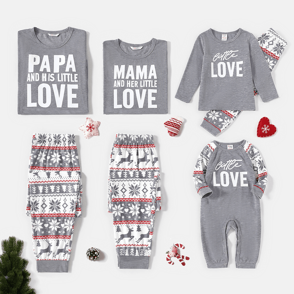 Christmas Family Matching Letter Print Grey Long-sleeve Pajamas Sets (Flame Resistant) Dark Grey