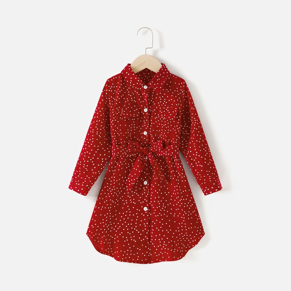Mommy and Me Allover Polka Dot Print Long-sleeve Belted Button Dresses Burgundy big image 7