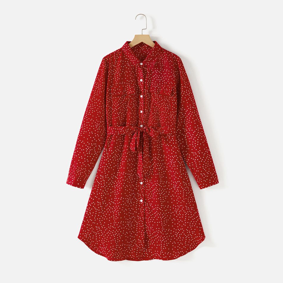 Mommy and Me Allover Polka Dot Print Long-sleeve Belted Button Dresses Burgundy big image 2