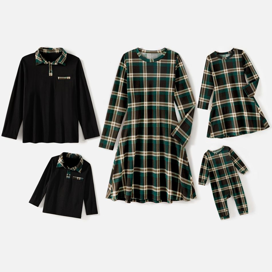 Family Matching Green Plaid A-line Dresses and Contrast Collar Long-sleeve Polo Shirts Sets Green big image 2