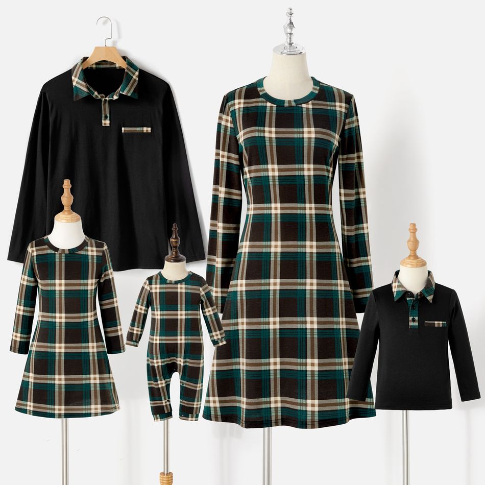 Family Matching Green Plaid A-line Dresses and Contrast Collar Long-sleeve Polo Shirts Sets Green big image 4