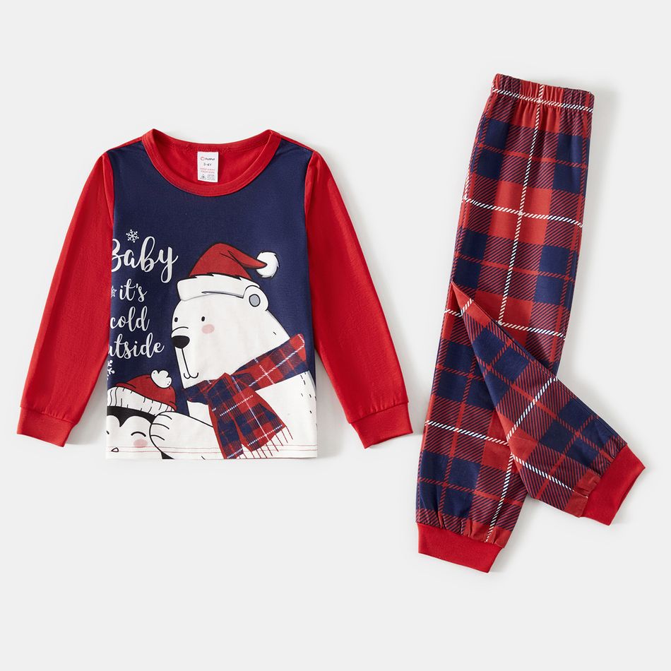 Christmas Family Matching Polar Bear & Letter Print Long-sleeve Red Plaid Pajamas Sets (Flame Resistant) ColorBlock big image 9