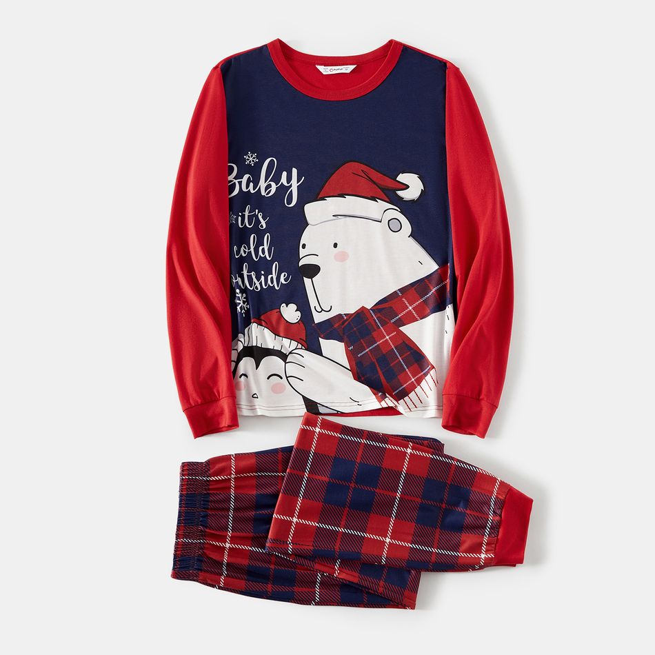 Christmas Family Matching Polar Bear & Letter Print Long-sleeve Red Plaid Pajamas Sets (Flame Resistant) ColorBlock big image 2