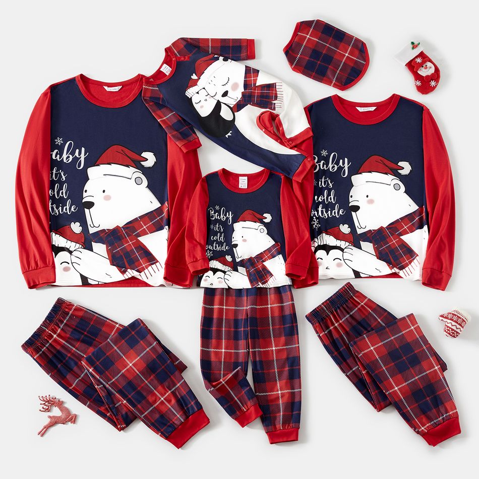 Christmas Family Matching Polar Bear & Letter Print Long-sleeve Red Plaid Pajamas Sets (Flame Resistant) ColorBlock