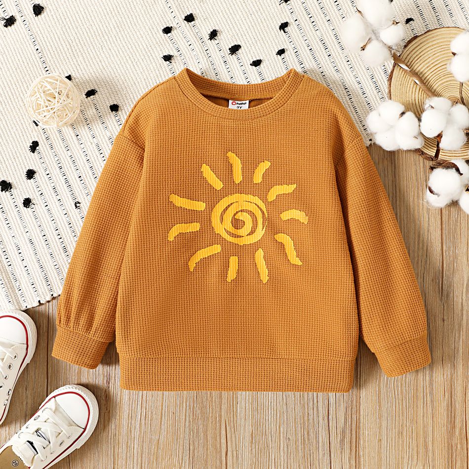 Toddler Girl/Boy Sun Print Waffle Pullover Sweatshirt Brown big image 1