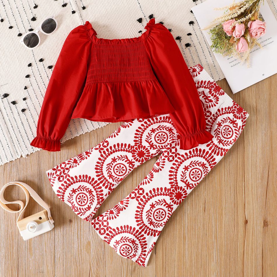2pcs Toddler Girl Christmas Square Neck Smocked Red Blouse(100% Cotton) and Floral Print Flared Pants Set Red big image 2