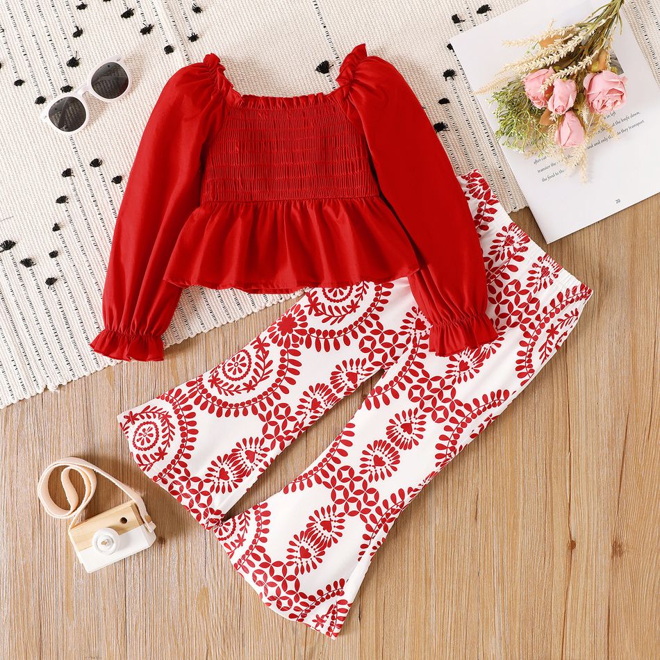 2pcs Toddler Girl Christmas Square Neck Smocked Red Blouse(100% Cotton) and Floral Print Flared Pants Set Red big image 1