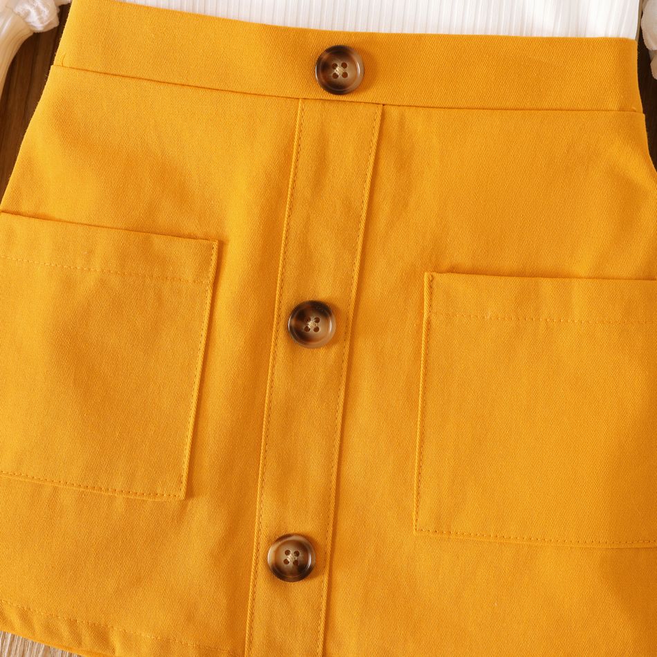 2pcs Toddler Girl Textured Puff-sleeve White Tee and Button Pocket Design Cotton Skirt Set Yellow big image 3