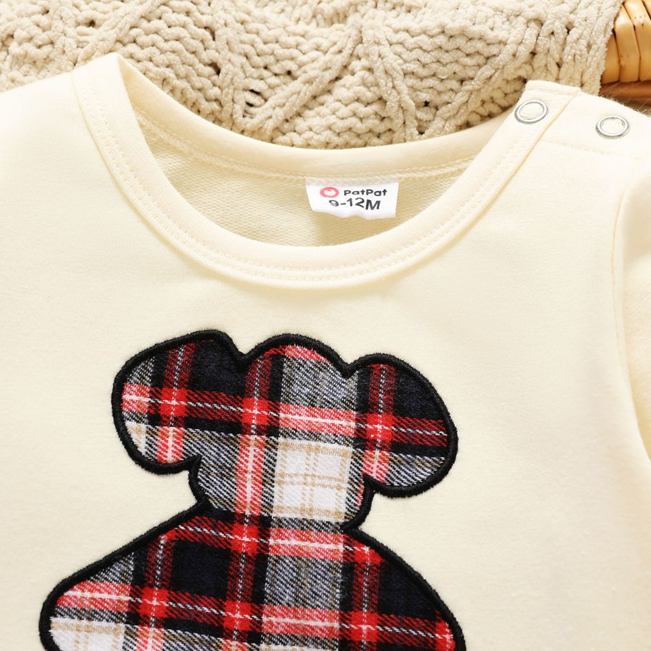 Baby Girl Long-sleeve Faux-two Bear Embroidered Plaid Dress beige big image 3