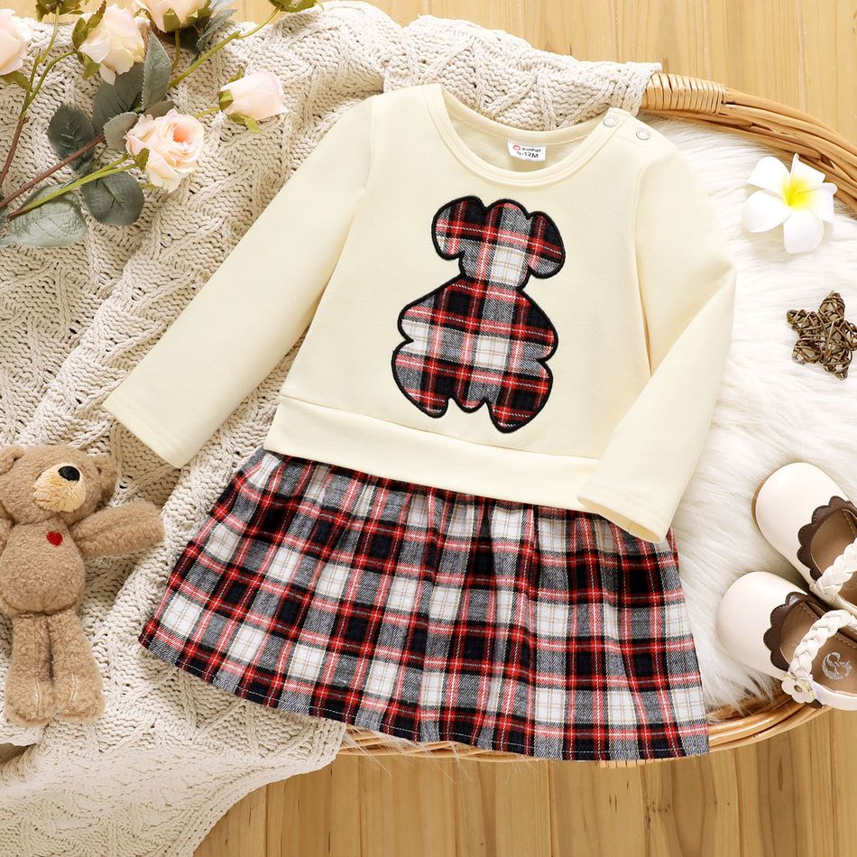 Baby Girl Long-sleeve Faux-two Bear Embroidered Plaid Dress beige big image 1