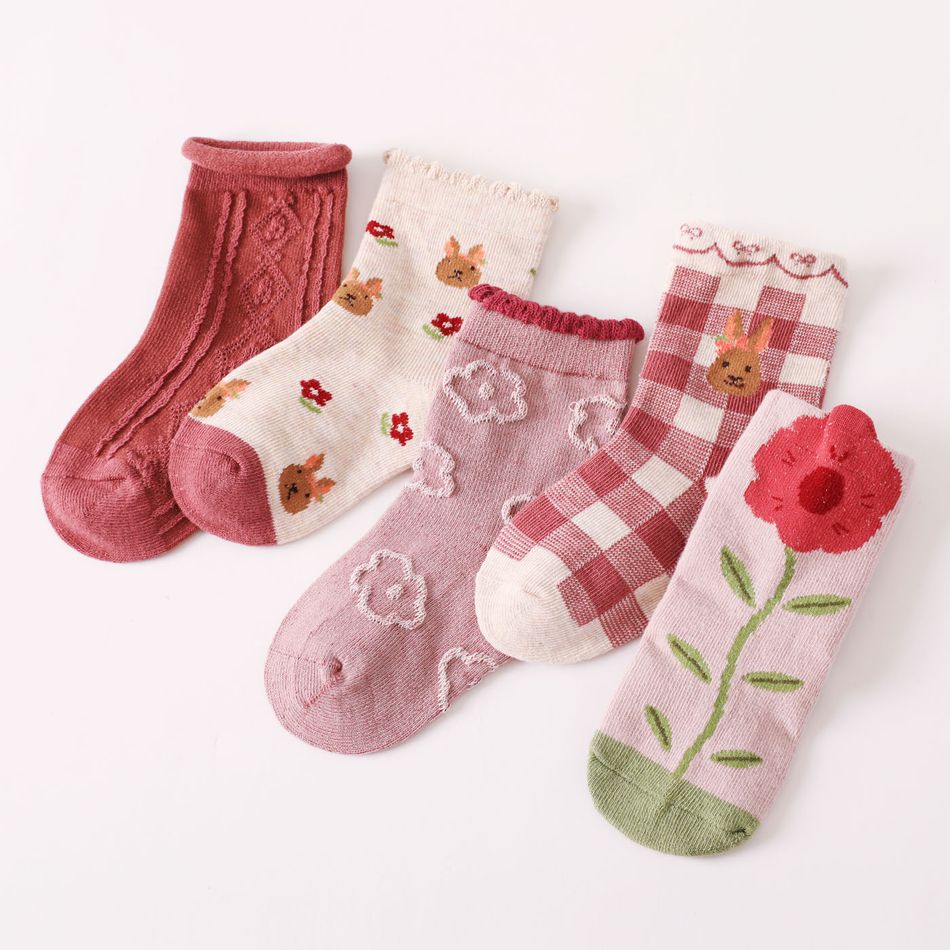 5 pares de meias xadrez floral infantil com padrão de ursinho Rosa big image 1