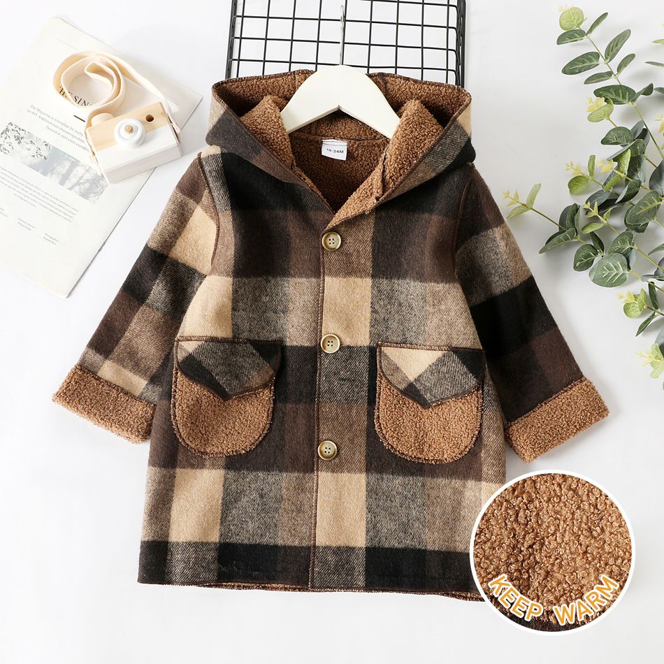 Toddler Boy Classic Plaid Fleece Lined Button Design Hooded Overcoat Brown big image 2