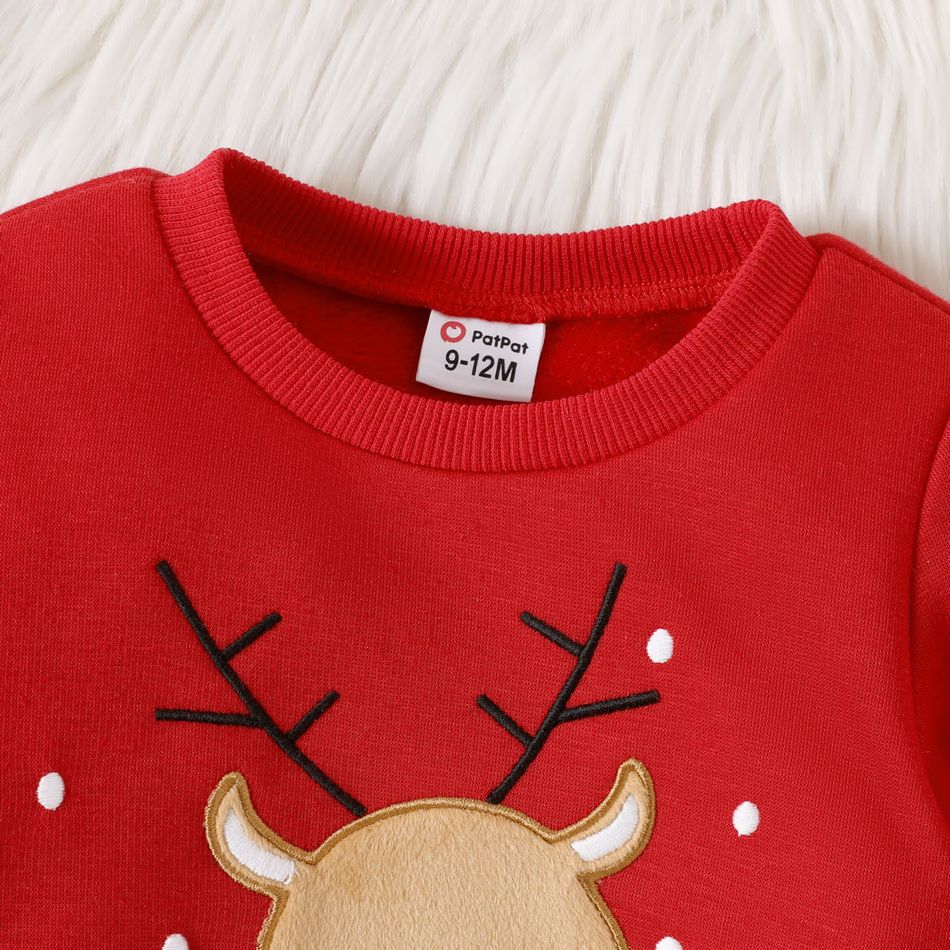 Christmas Baby Girl Deer Embroidered Thermal Lined Sweatshirt Red-2 big image 3