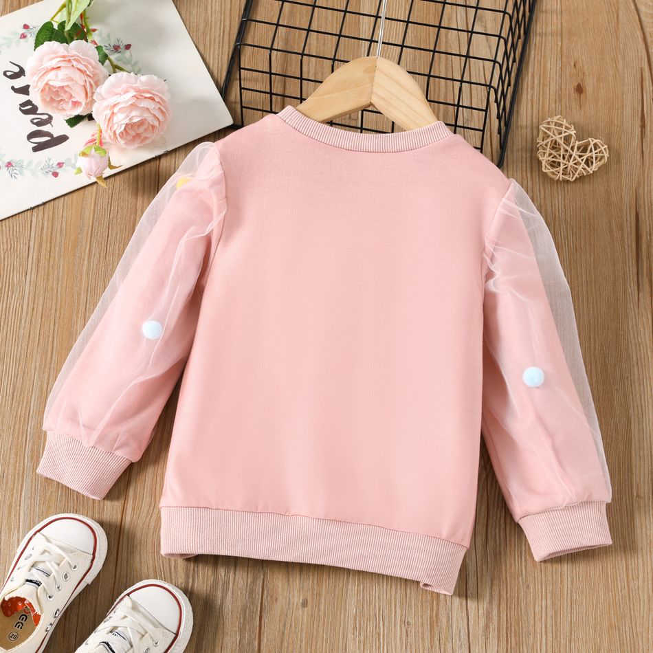 Toddler Girl Cute Kitty Print Mesh Pompom Design Sweatshirt Pink big image 2