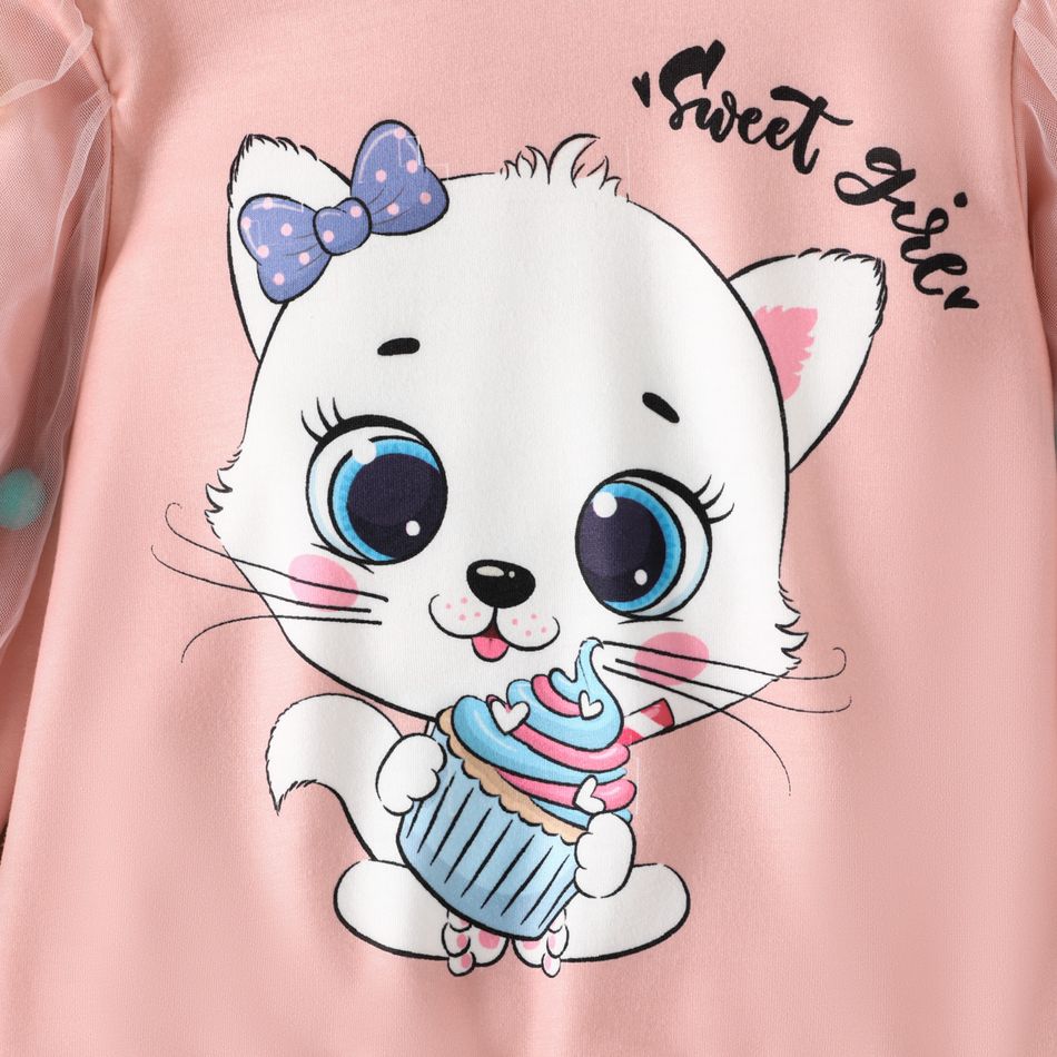 Toddler Girl Cute Kitty Print Mesh Pompom Design Sweatshirt Pink big image 3