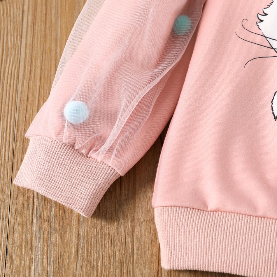 Toddler Girl Cute Kitty Print Mesh Pompom Design Sweatshirt Pink