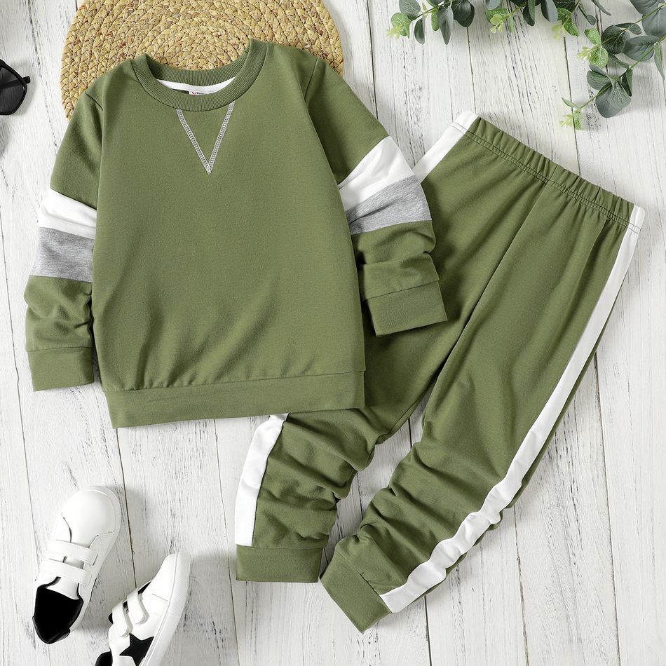2pcs Kid Boy Colorblock Pullover Sweatshirt and Elasticized Pants Set Green big image 1