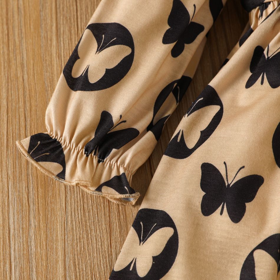 Toddler Girl Big Bowknot Design Butterfly Print Long-sleeve Dress Khaki big image 5