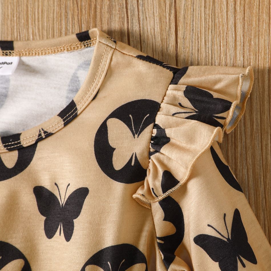 Toddler Girl Big Bowknot Design Butterfly Print Long-sleeve Dress Khaki big image 4