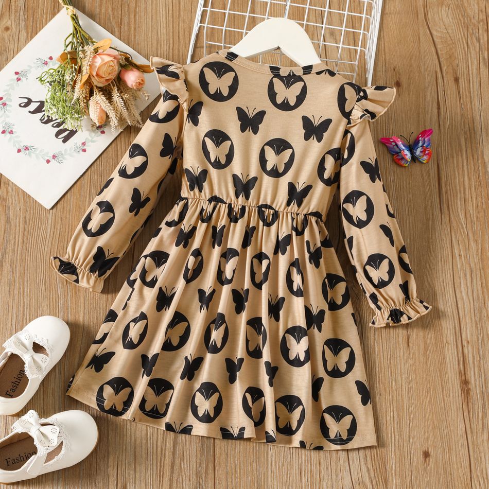 Toddler Girl Big Bowknot Design Butterfly Print Long-sleeve Dress Khaki big image 2