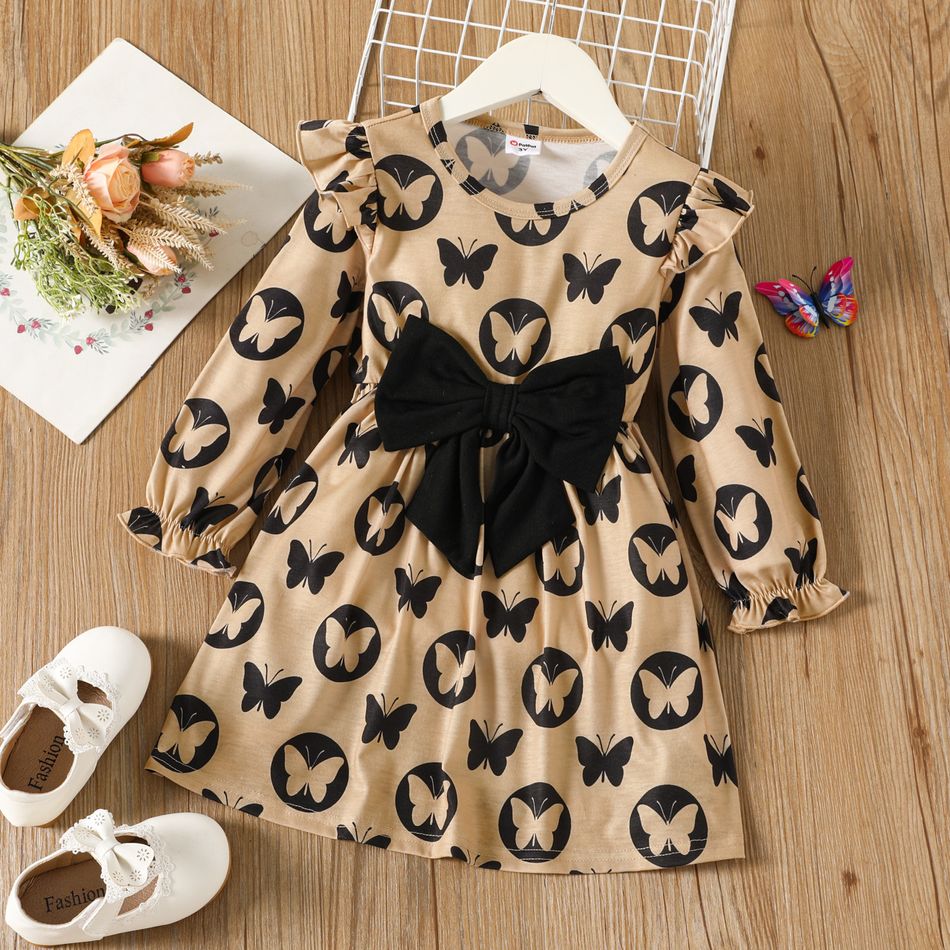 Toddler Girl Big Bowknot Design Butterfly Print Long-sleeve Dress Khaki big image 1