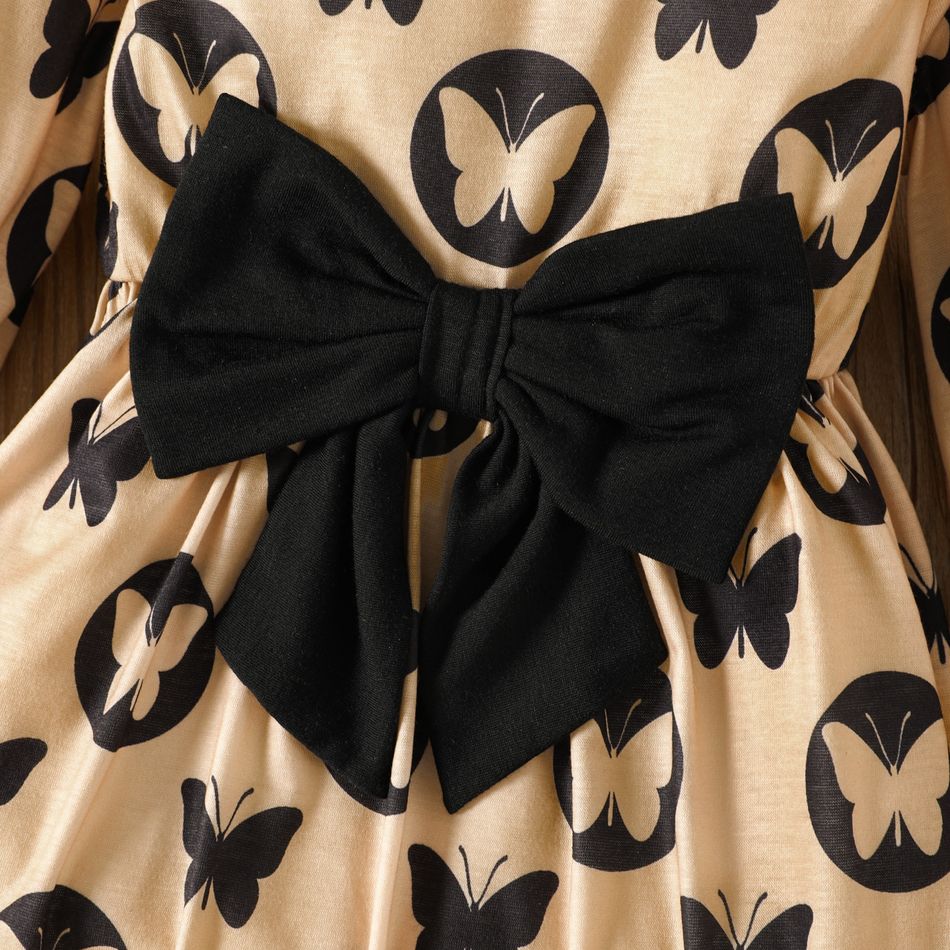 Toddler Girl Big Bowknot Design Butterfly Print Long-sleeve Dress Khaki big image 3