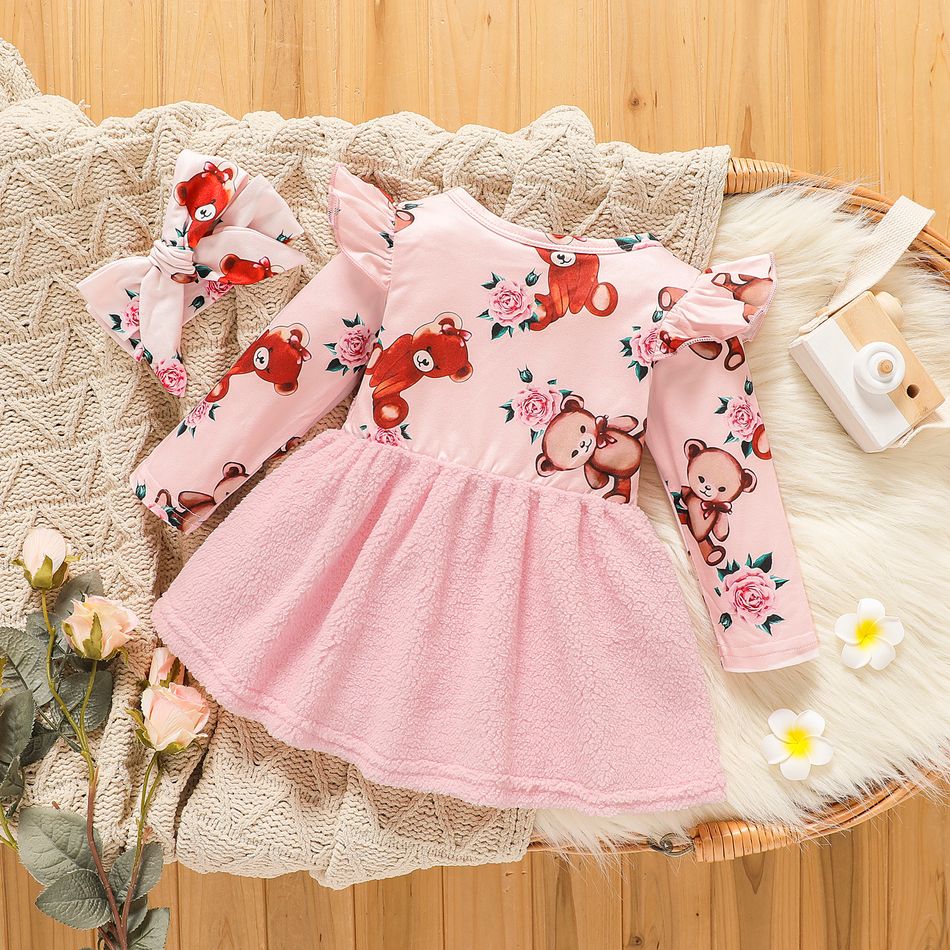 2pcs Baby Girl Bear Graphic Ruffle Trim Long-sleeve Spliced Embroidered Fuzzy Dress with Headband Set Pink big image 2