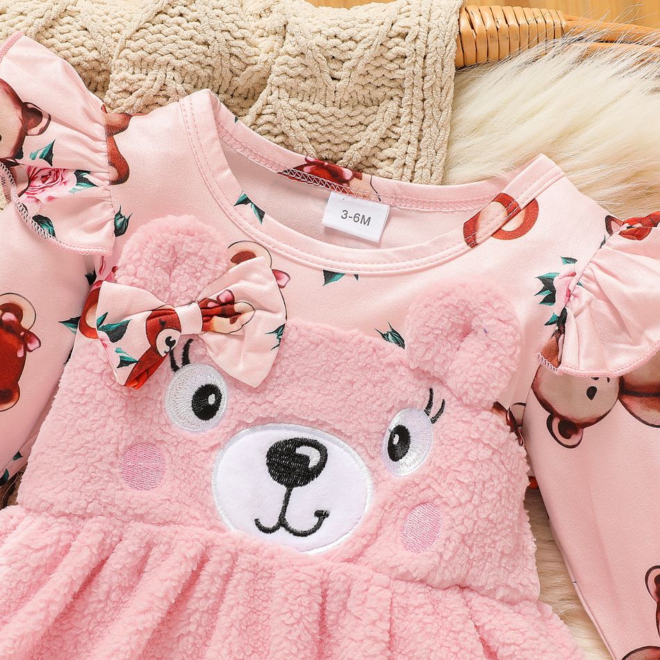 2pcs Baby Girl Bear Graphic Ruffle Trim Long-sleeve Spliced Embroidered Fuzzy Dress with Headband Set Pink big image 3