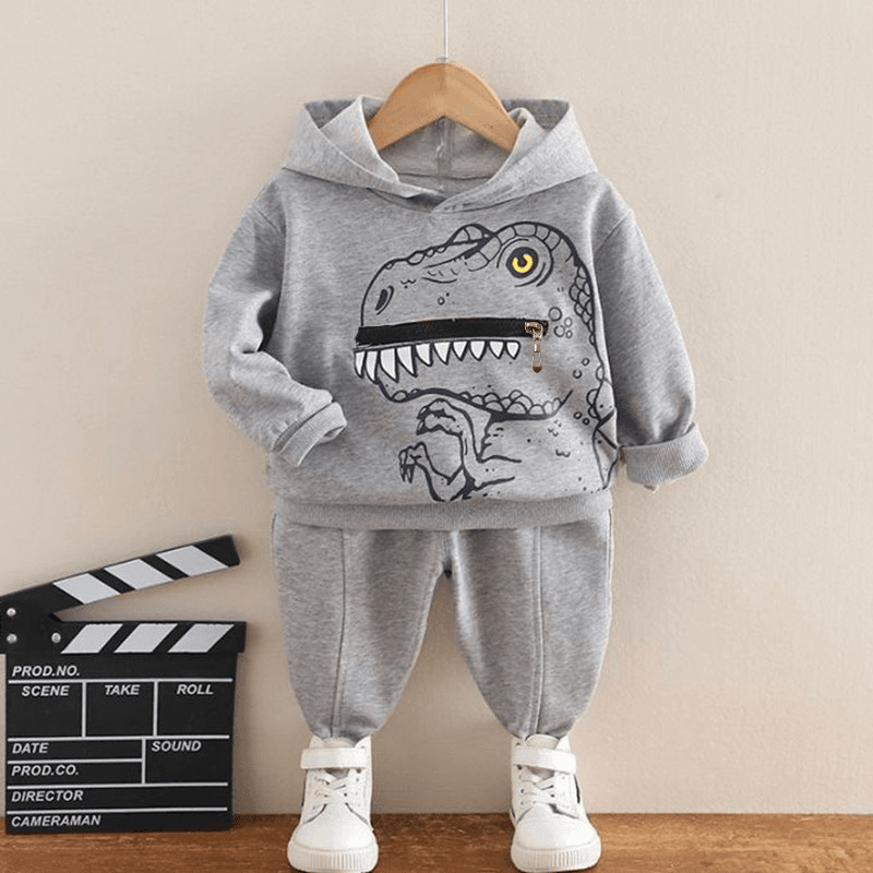 2 unidades Criança Menino Fecho Infantil Dinossauro conjuntos de moletom Cinzento