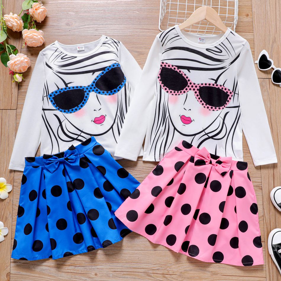 2pcs Kid Girl Character Print Long-sleeve Tee and Bowknot Design Polka dots Skirt Set Rosy