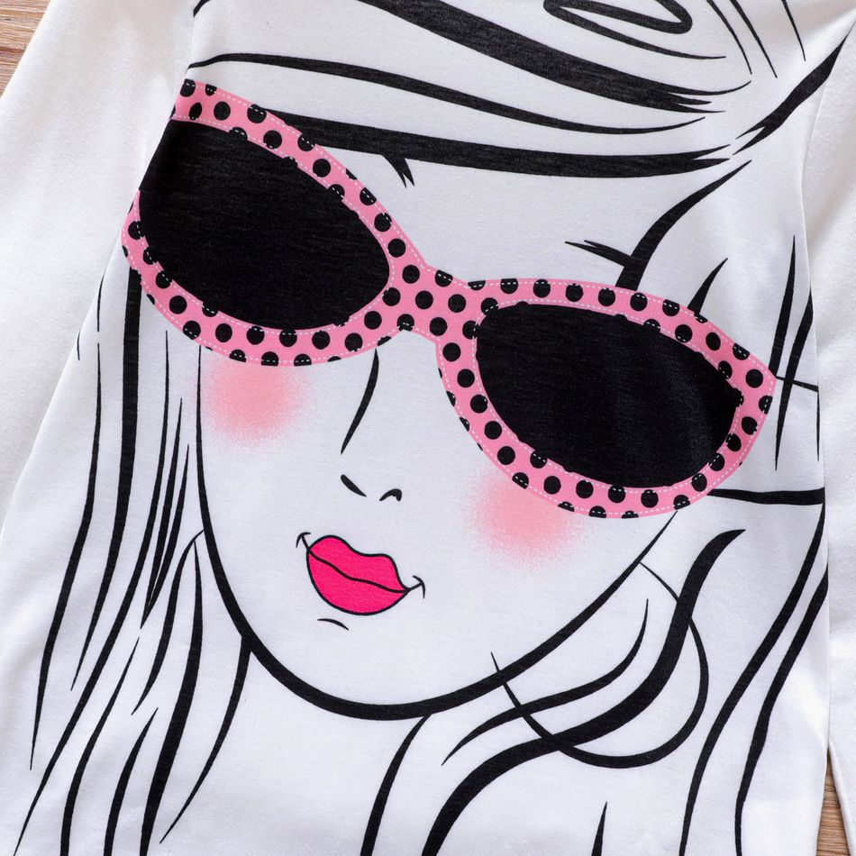 2pcs Kid Girl Character Print Long-sleeve Tee and Bowknot Design Polka dots Skirt Set Rosy big image 2