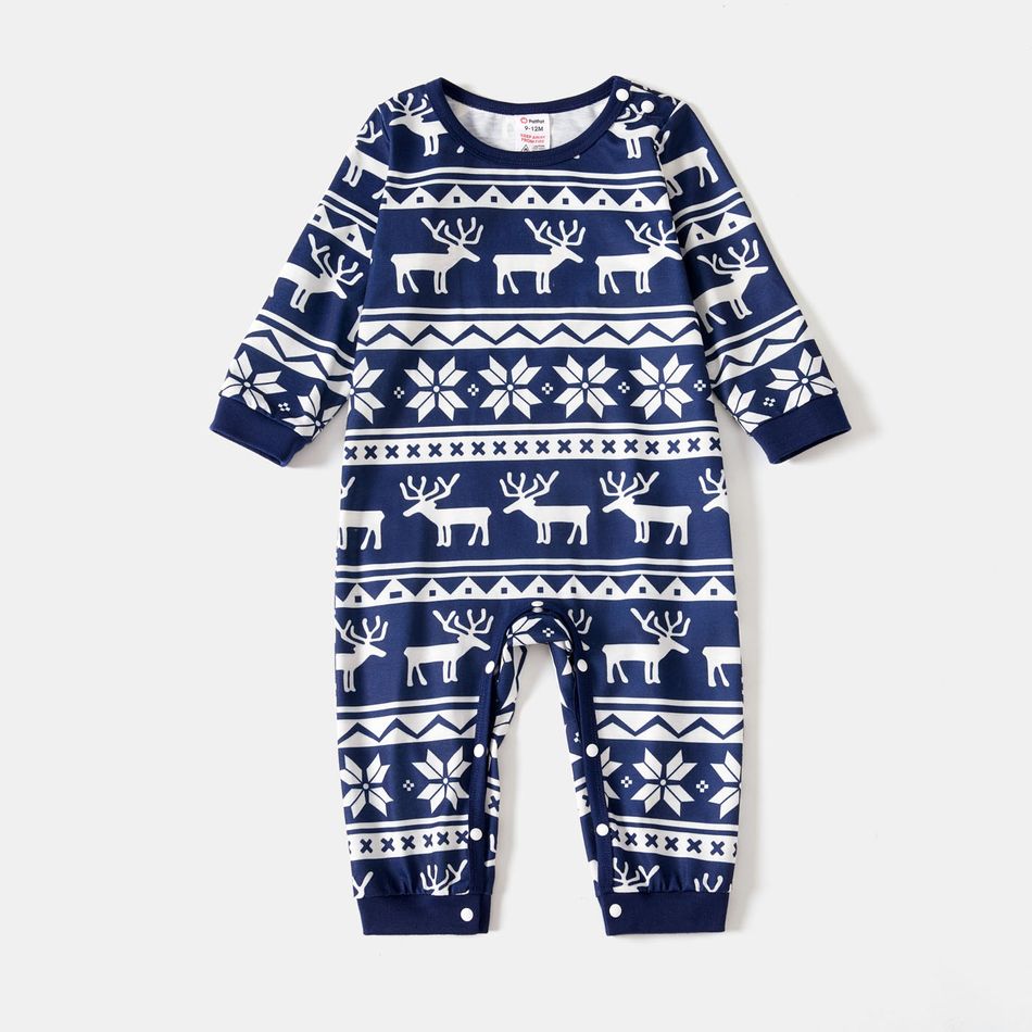 Family Matching Blue Raglan-sleeve Deer & Letter Graphic Allover Print Pajamas Sets (Flame Resistant) BLUEWHITE big image 7