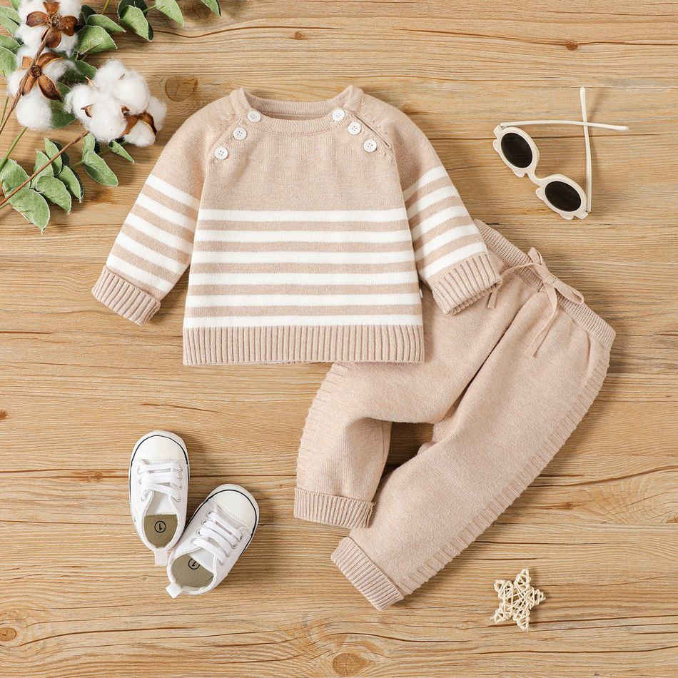 2pcs Baby Boy/Girl Button Front Striped Long-sleeve Knitted Top and Pants Set LightKhaki