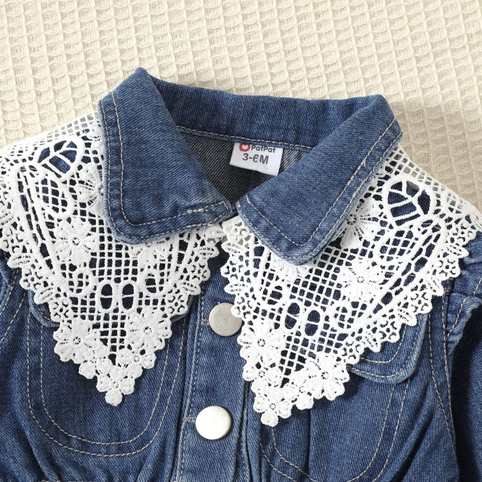 2pcs Baby Girl Denim Long-sleeve Button Front Jacket with Detachable Lace Collar Set Blue big image 5