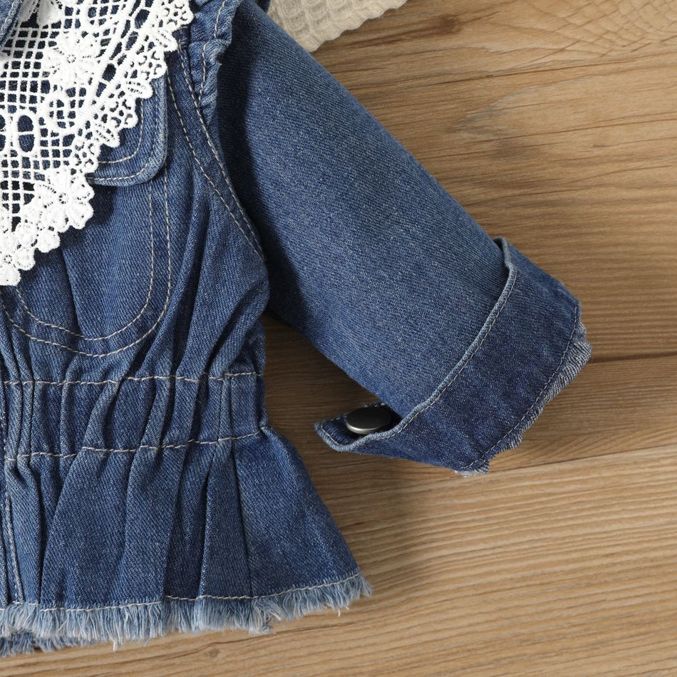 2pcs Baby Girl Denim Long-sleeve Button Front Jacket with Detachable Lace Collar Set Blue big image 4