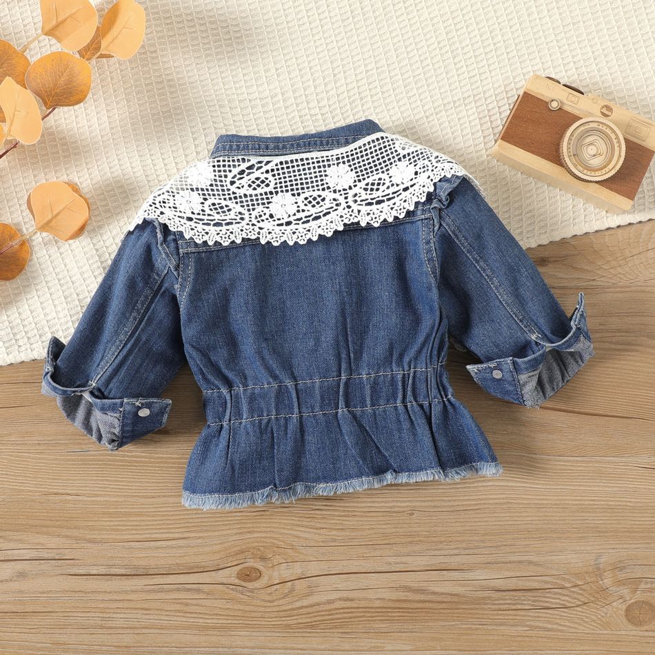 2pcs Baby Girl Denim Long-sleeve Button Front Jacket with Detachable Lace Collar Set Blue big image 2