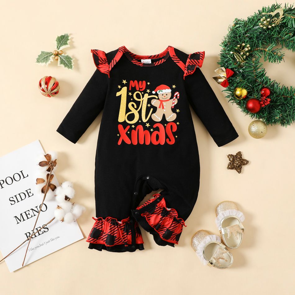 Christmas Baby Girl 95% Cotton Long-sleeve Gingerbread Man & Letter Print Red Plaid Ruffle Trim Jumpsuit redblack