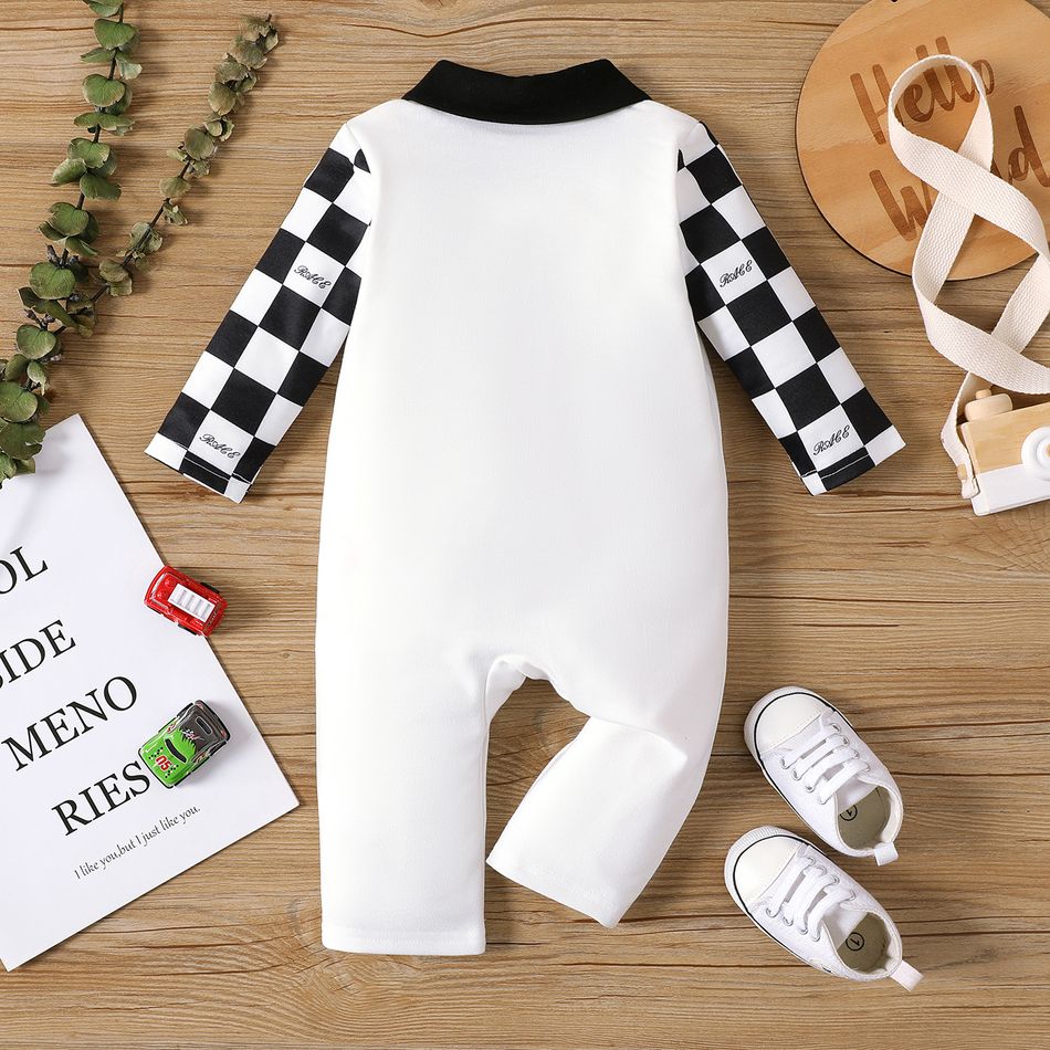 Baby Boy Contrast Collar Checkered Long-sleeve Graphic Print Jumpsuit BlackandWhite big image 2