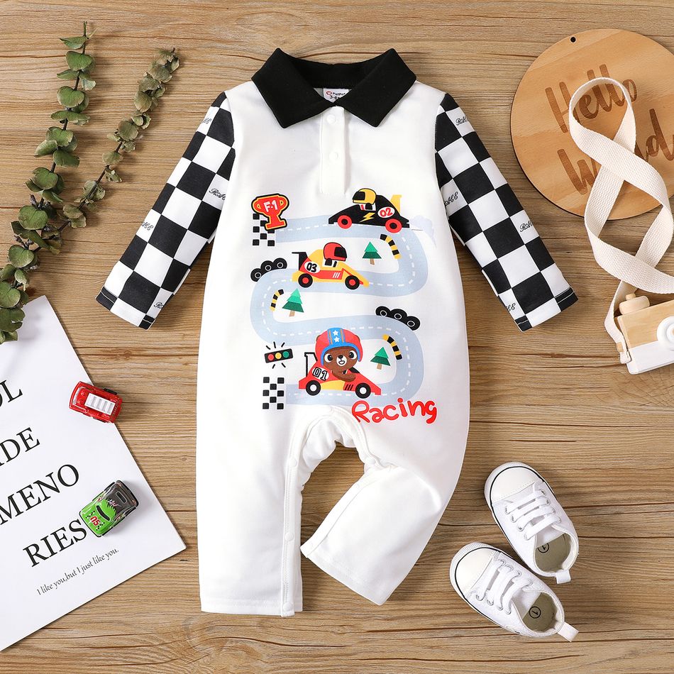 Baby Boy Contrast Collar Checkered Long-sleeve Graphic Print Jumpsuit BlackandWhite