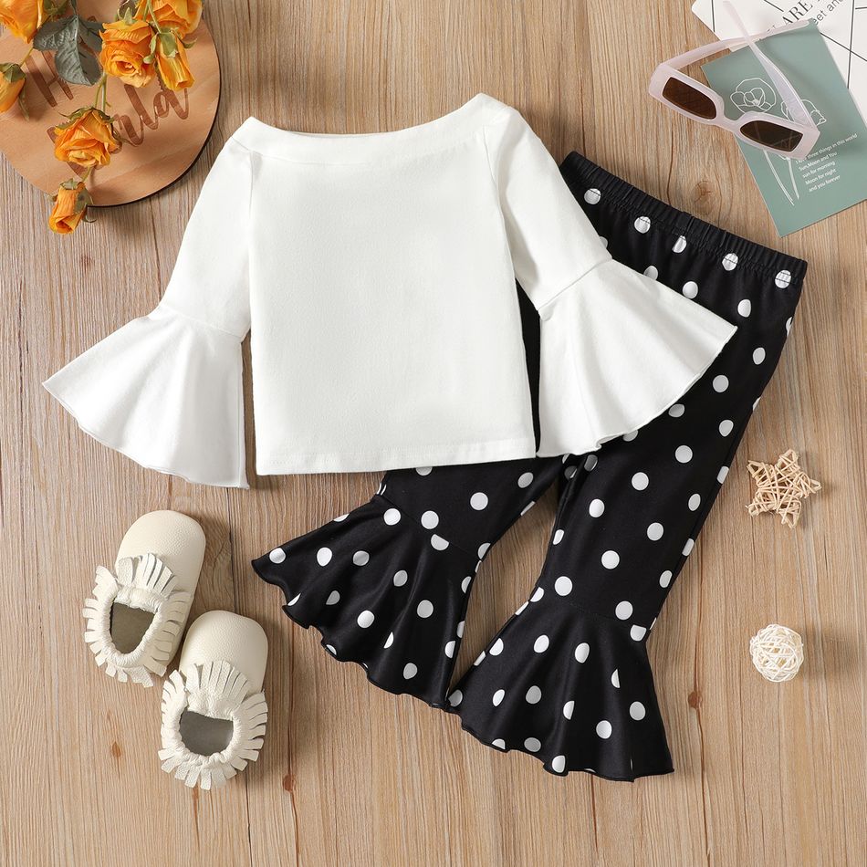 2pcs Baby Girl 95% Cotton Off Shoulder Flare-sleeve Top and Polka Dot Print Flared Pants Set BlackandWhite big image 1